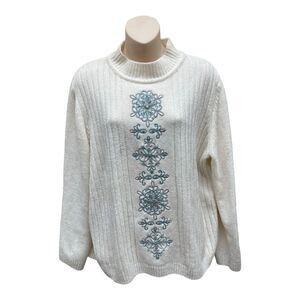 Alfred Dunner Chenille Mock Neck Sweater L White Snowflake Soft Cozy Winter